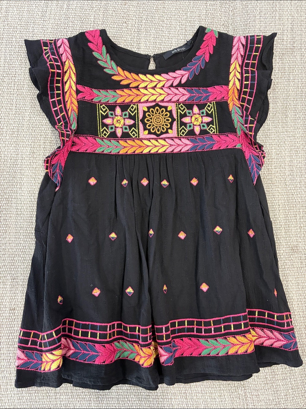 Ark & Co Black Dress with Pink, Yellow & Green Embroidery